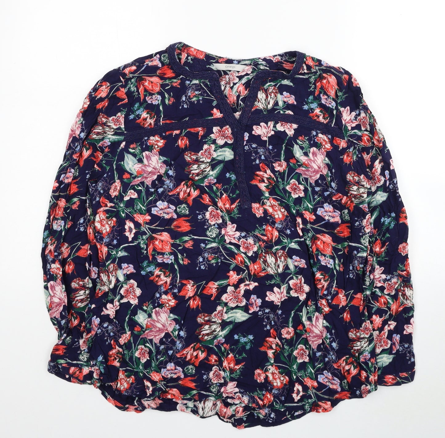 George Womens Blue Floral Viscose Basic Blouse Size 14 V-Neck