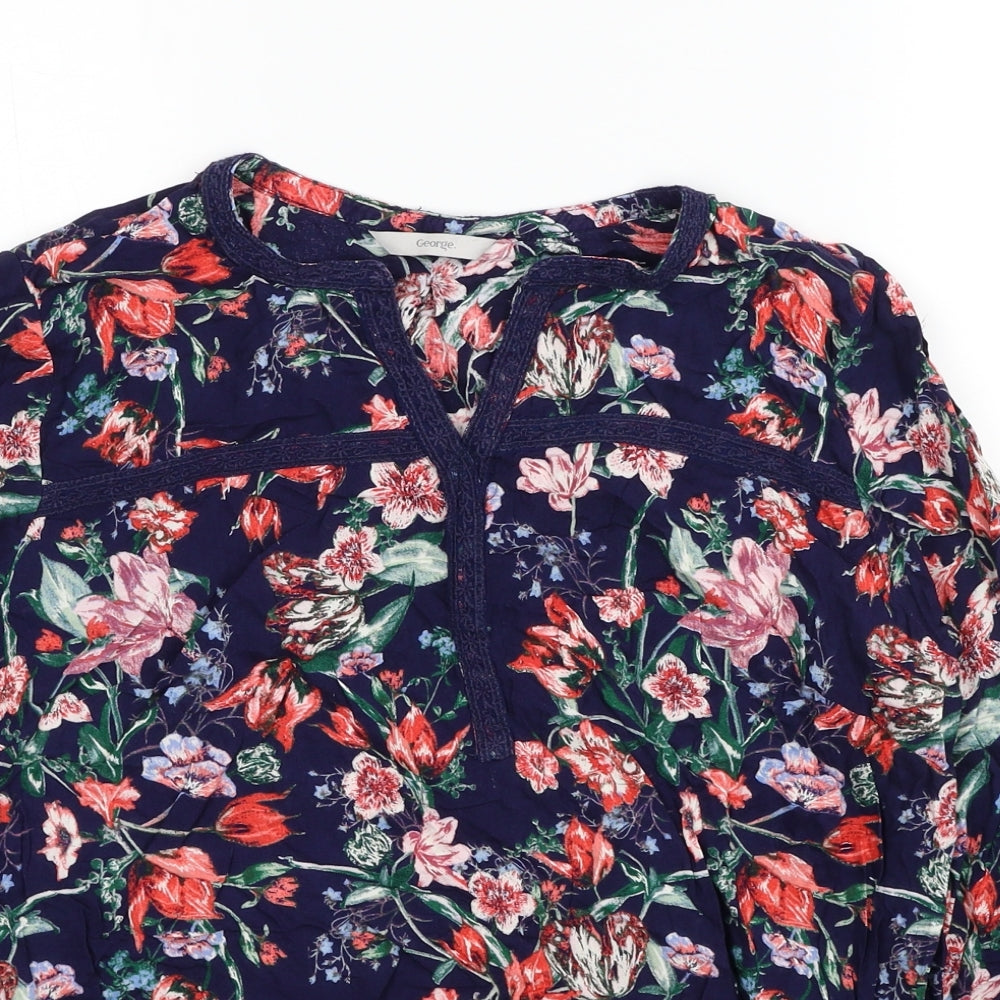 George Womens Blue Floral Viscose Basic Blouse Size 14 V-Neck