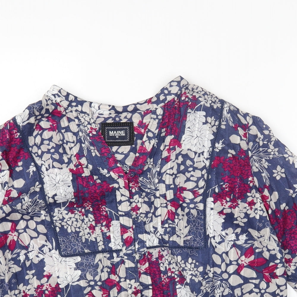 Maine Womens Blue Floral Cotton Basic Button-Up Size 16 V-Neck