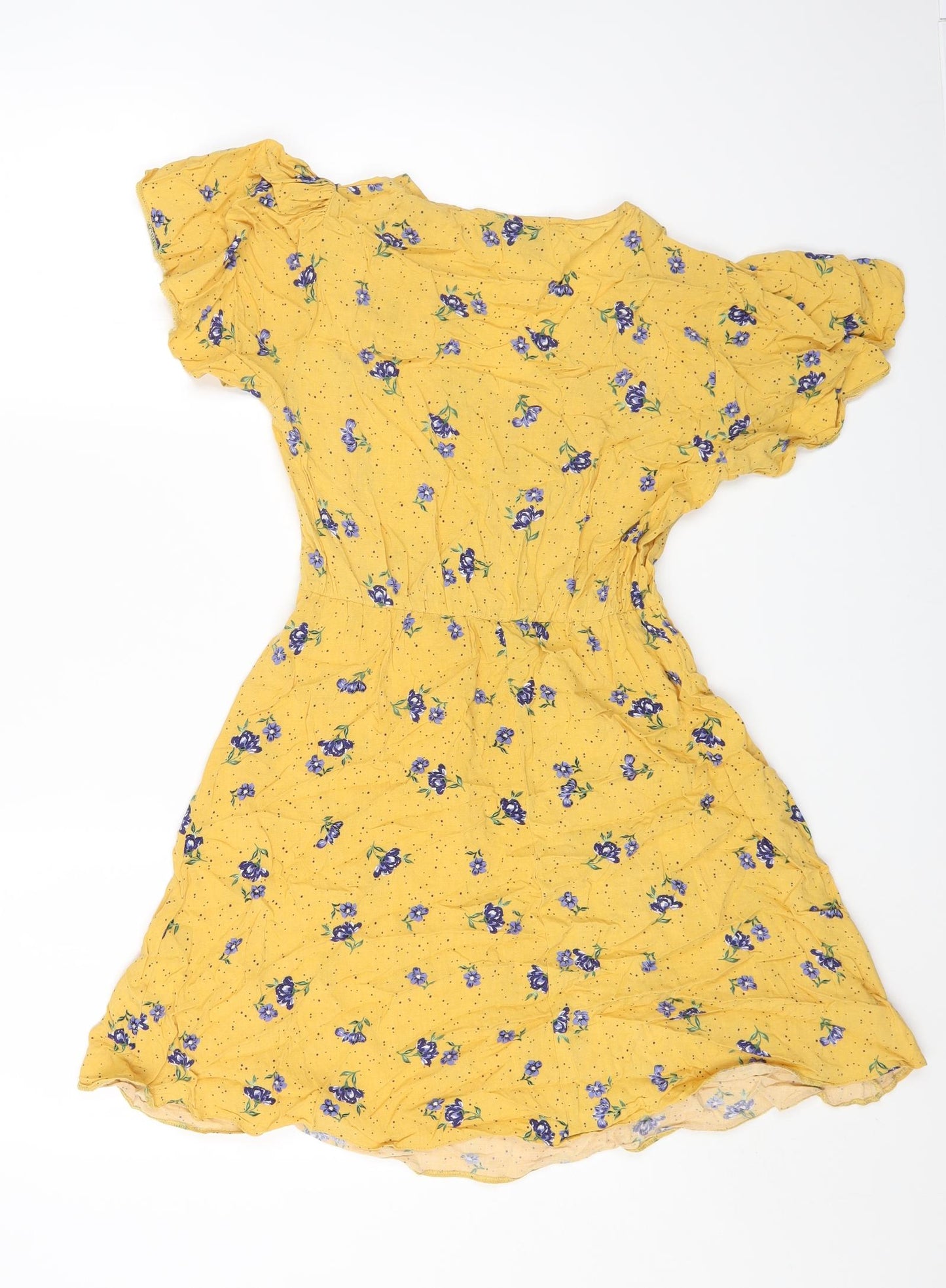 Primark Womens Yellow Floral Viscose Fit & Flare Size 6 V-Neck Pullover