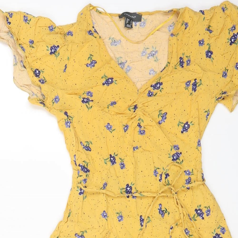 Primark Womens Yellow Floral Viscose Fit & Flare Size 6 V-Neck Pullover