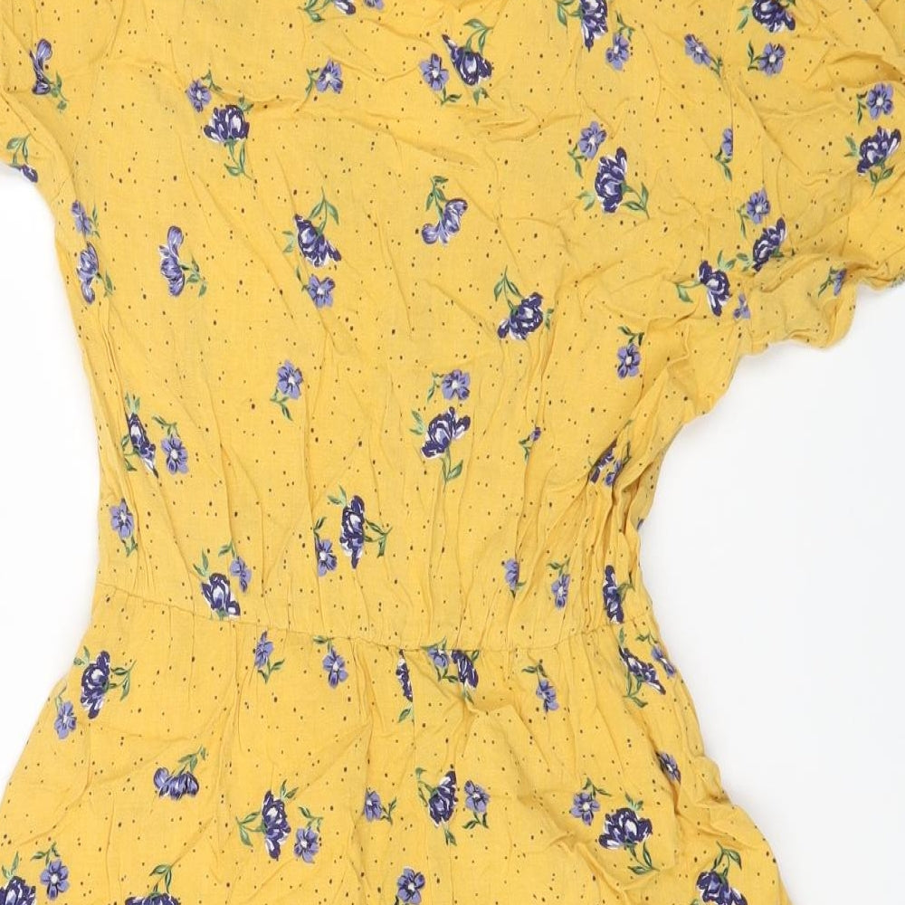 Primark Womens Yellow Floral Viscose Fit & Flare Size 6 V-Neck Pullover