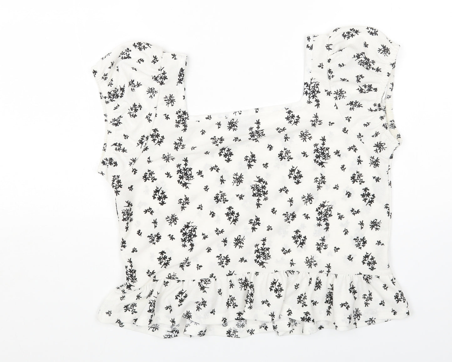 Primark Womens White Floral Polyester Cropped Blouse Size M Square Neck