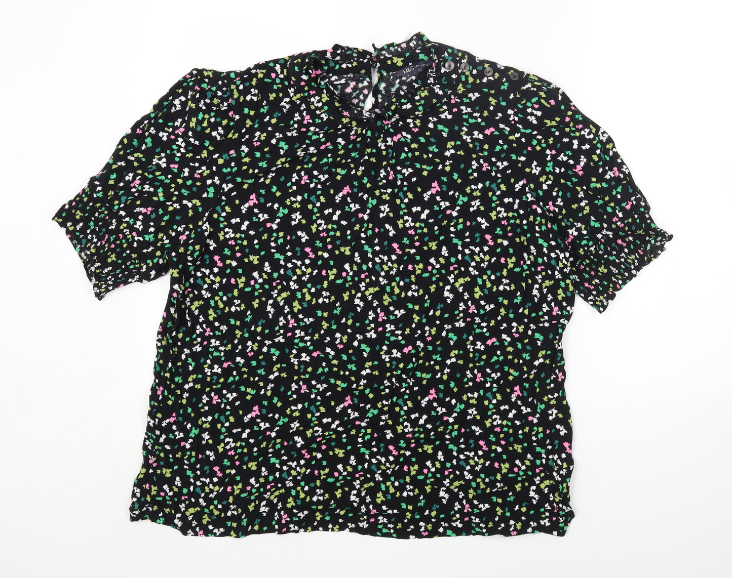 Marks and Spencer Womens Black Geometric Viscose Basic T-Shirt Size 18 Round Neck