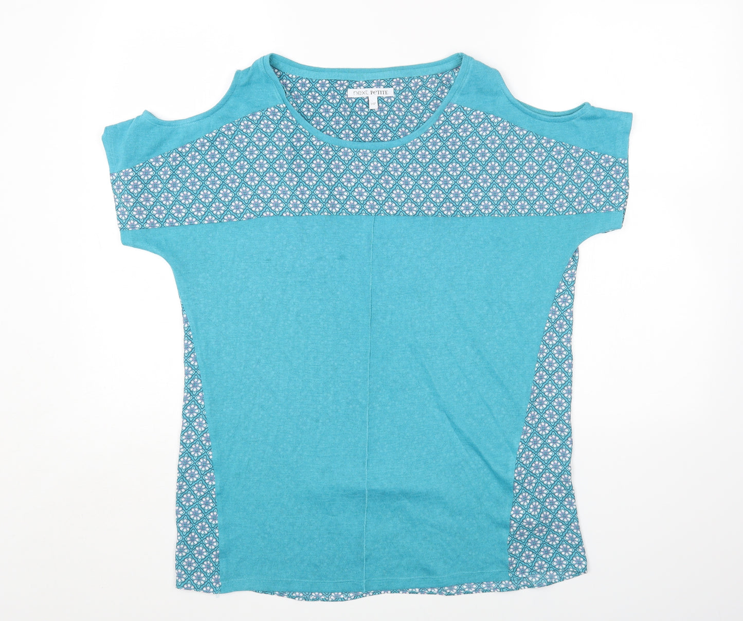 NEXT Womens Blue Geometric Polyester Basic T-Shirt Size 14 Round Neck - Cold Shoulder