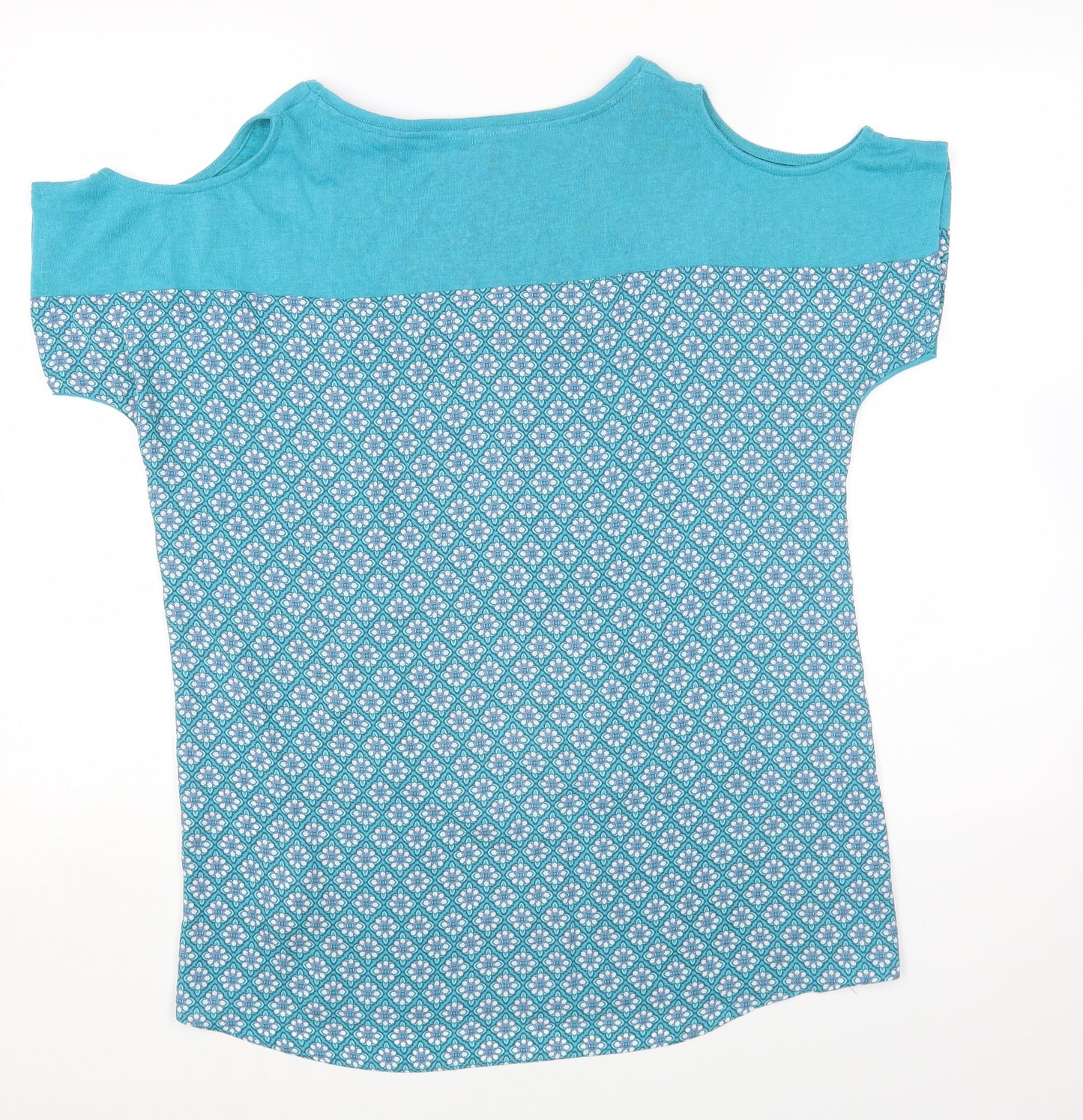 NEXT Womens Blue Geometric Polyester Basic T-Shirt Size 14 Round Neck - Cold Shoulder