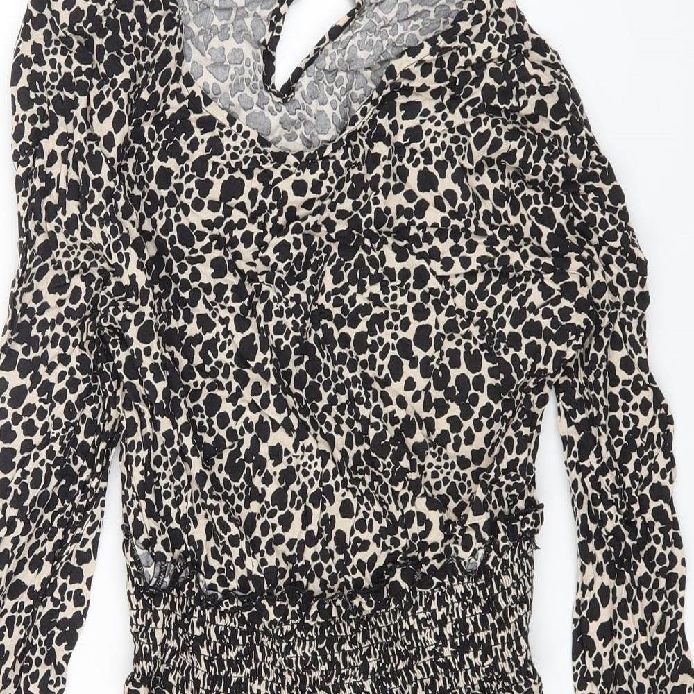 Dorothy Perkins Womens Brown Animal Print Viscose Fit & Flare Size 14 Round Neck Button - Leopard Print