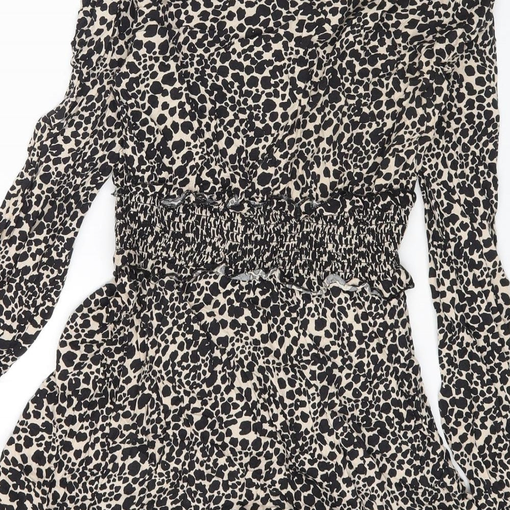Dorothy Perkins Womens Brown Animal Print Viscose Fit & Flare Size 14 Round Neck Button - Leopard Print