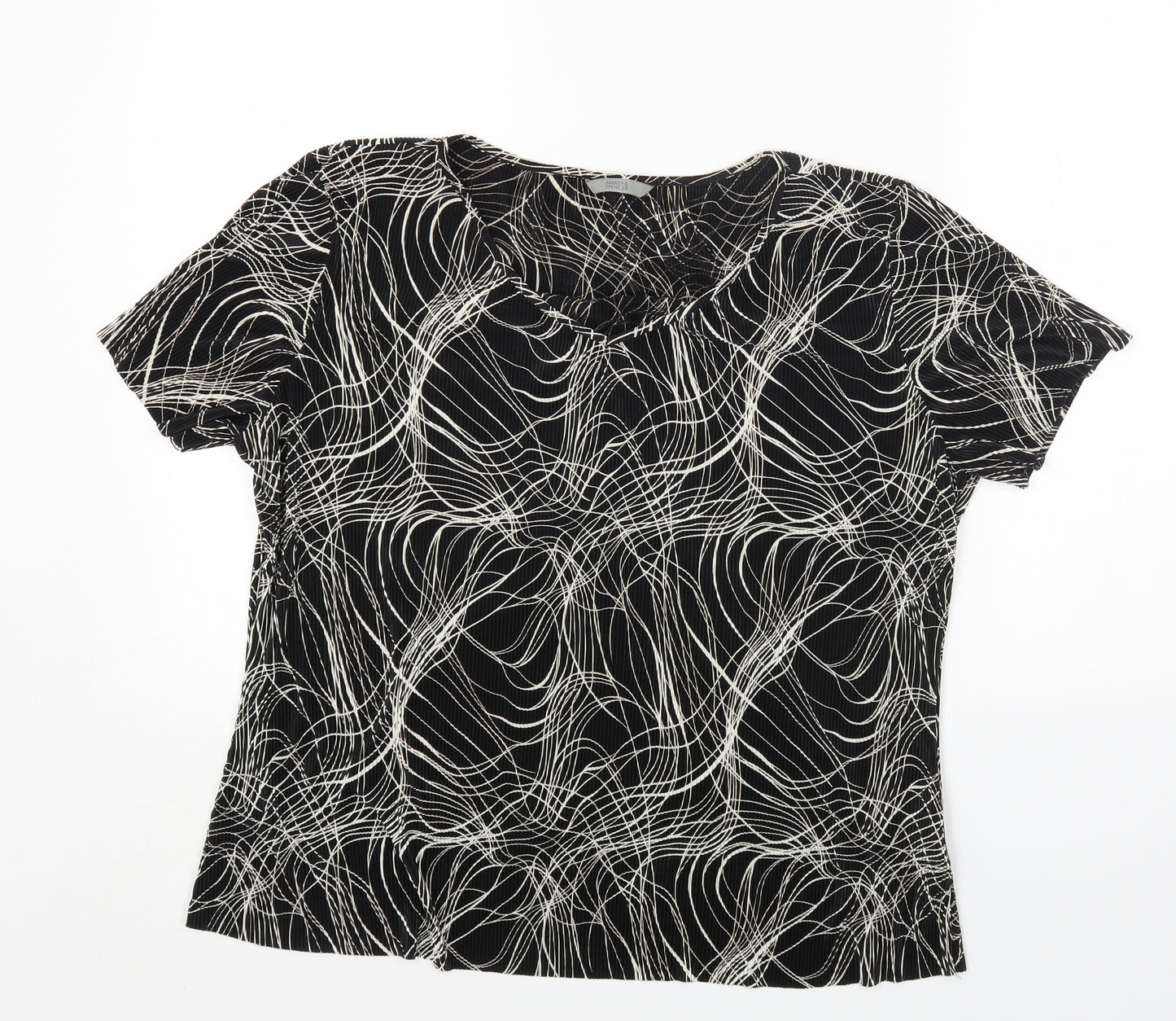 Marks and Spencer Womens Black Geometric Polyester Basic T-Shirt Size 18 Round Neck