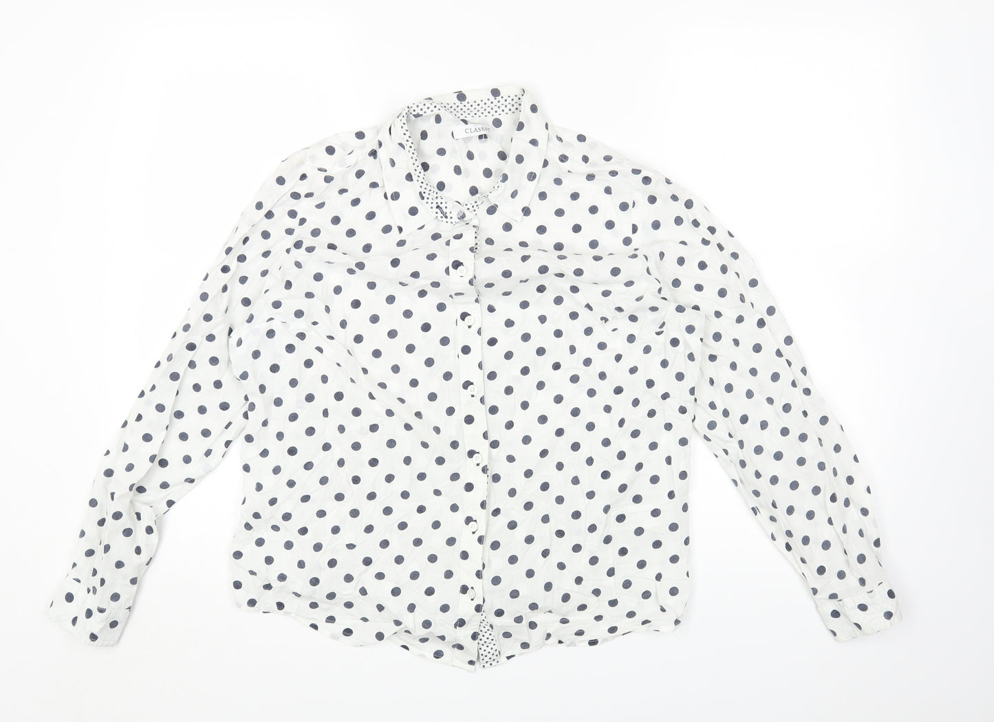 Marks and Spencer Womens White Polka Dot Cotton Basic Button-Up Size 16 Collared