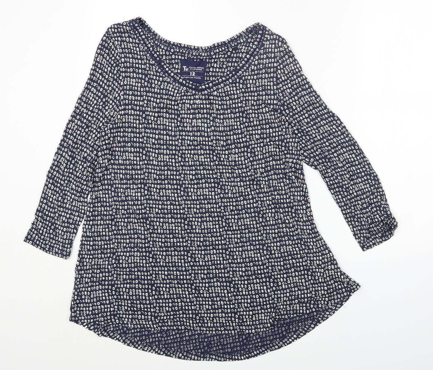 TU Womens Blue Geometric Viscose Basic T-Shirt Size 12 Boat Neck