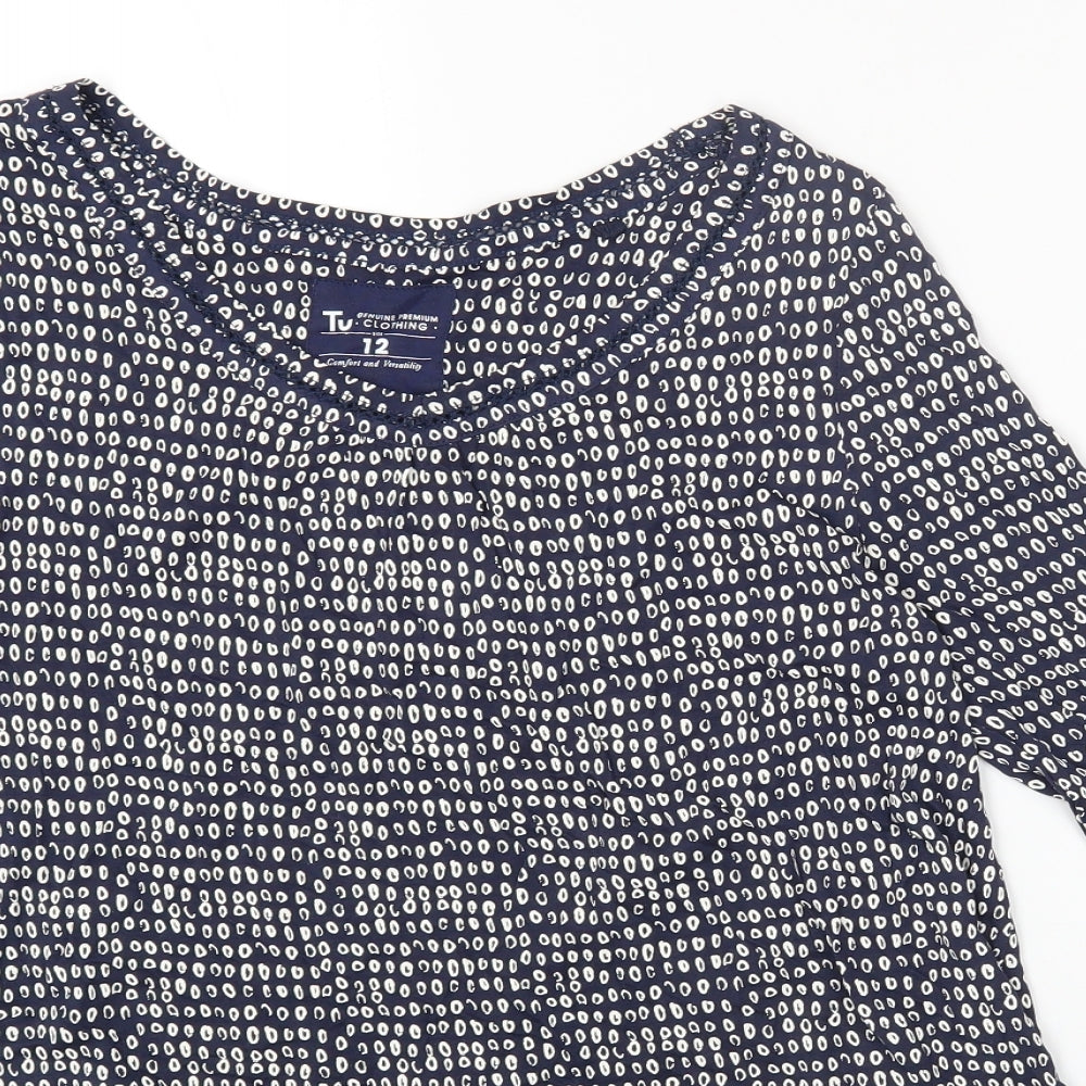 TU Womens Blue Geometric Viscose Basic T-Shirt Size 12 Boat Neck
