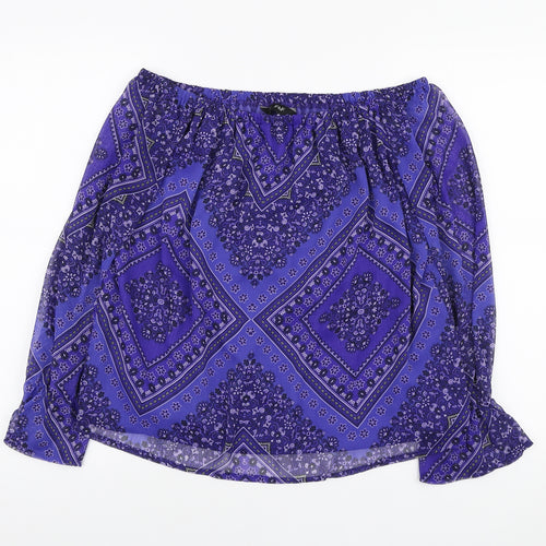 F&F Womens Purple Geometric Polyester Basic Blouse Size 12 Off the Shoulder