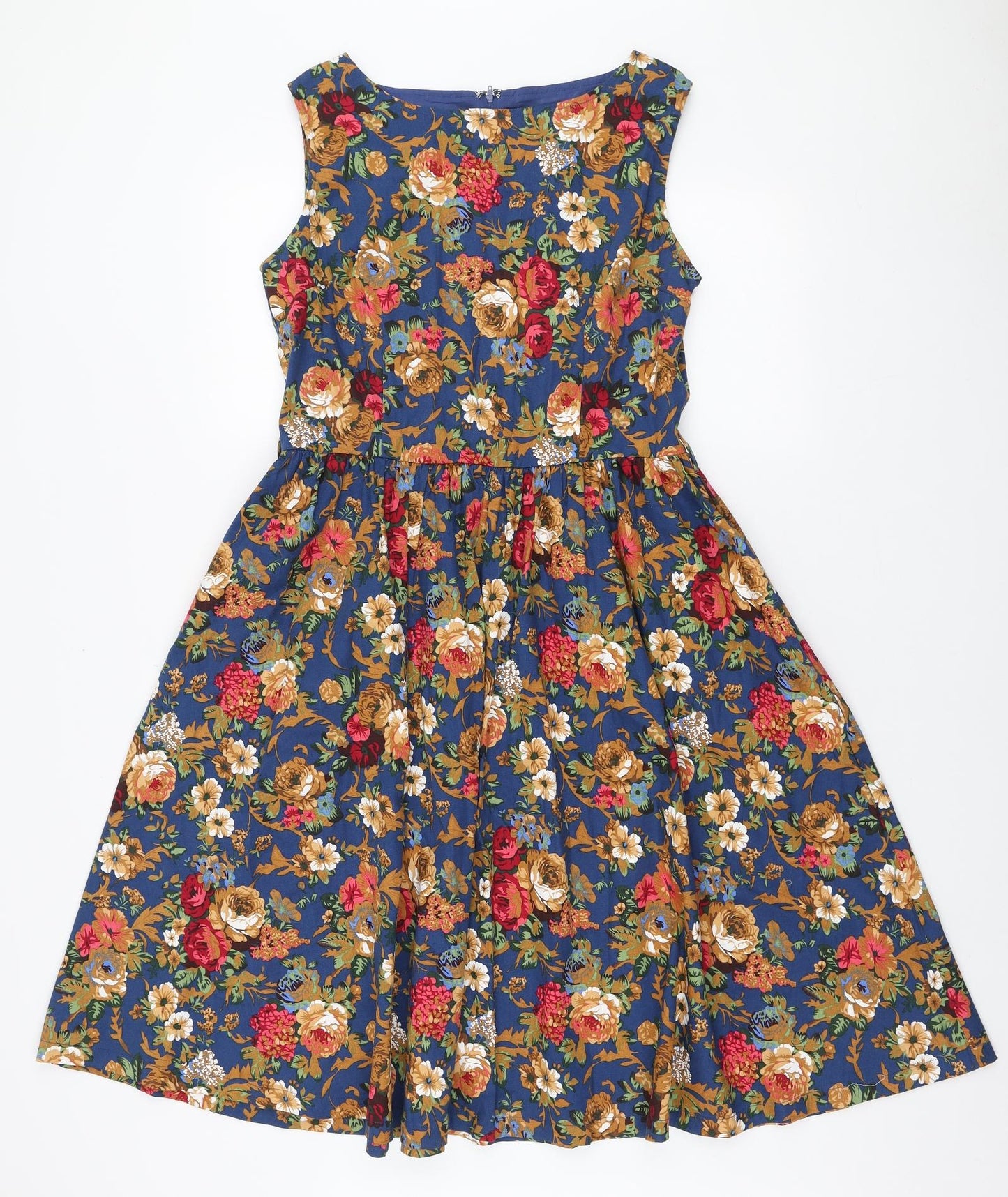 Lindy Bop Womens Multicoloured Floral Cotton Skater Dress Size 12 Boat Neck Zip