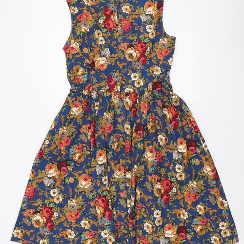 Lindy Bop Womens Multicoloured Floral Cotton Skater Dress Size 12 Boat Neck Zip