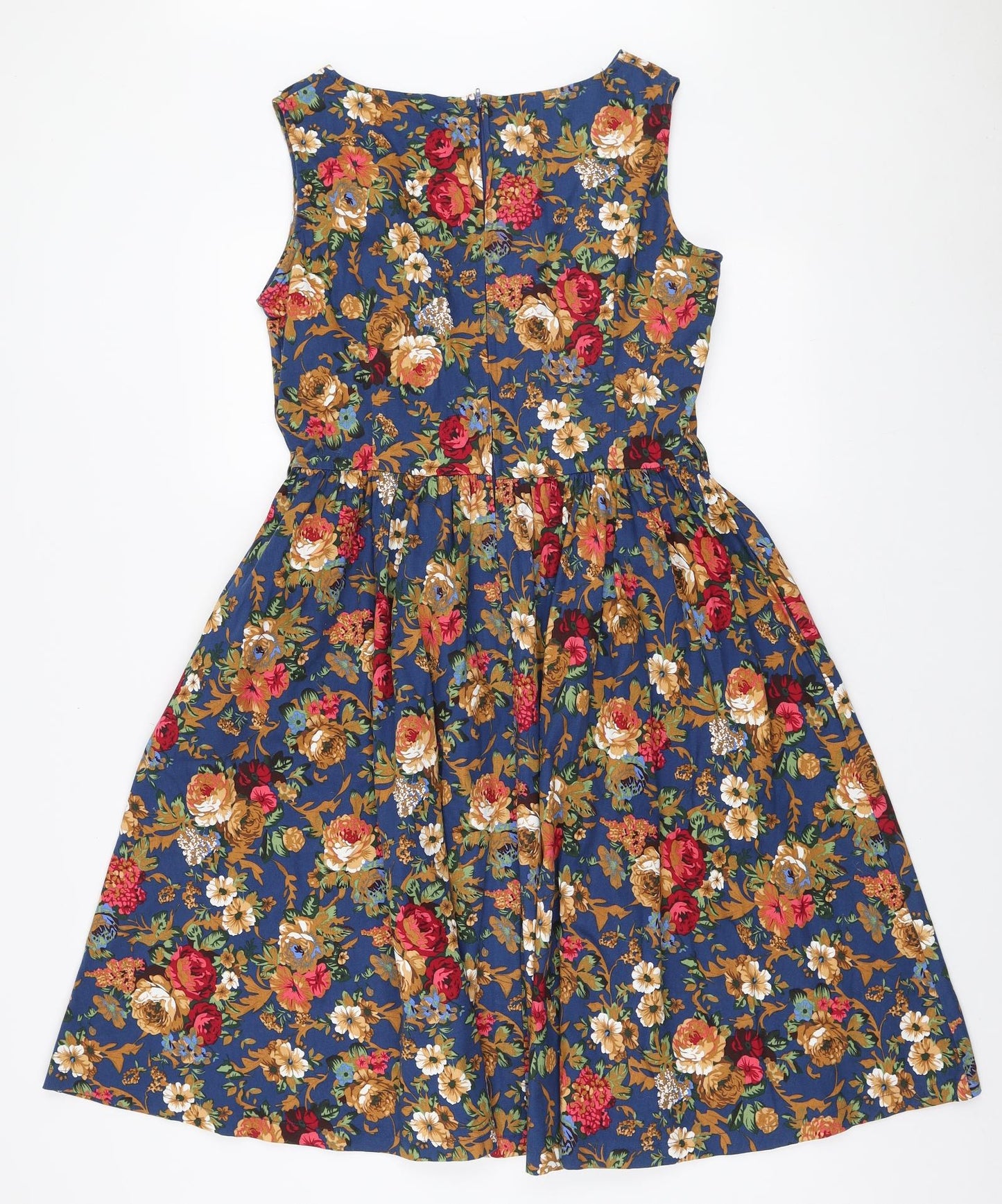 Lindy Bop Womens Multicoloured Floral Cotton Skater Dress Size 12 Boat Neck Zip