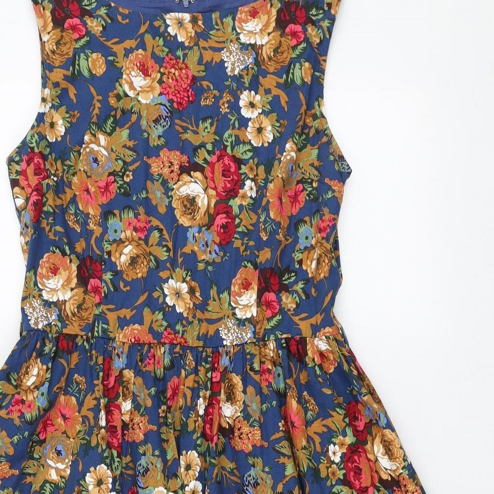 Lindy Bop Womens Multicoloured Floral Cotton Skater Dress Size 12 Boat Neck Zip