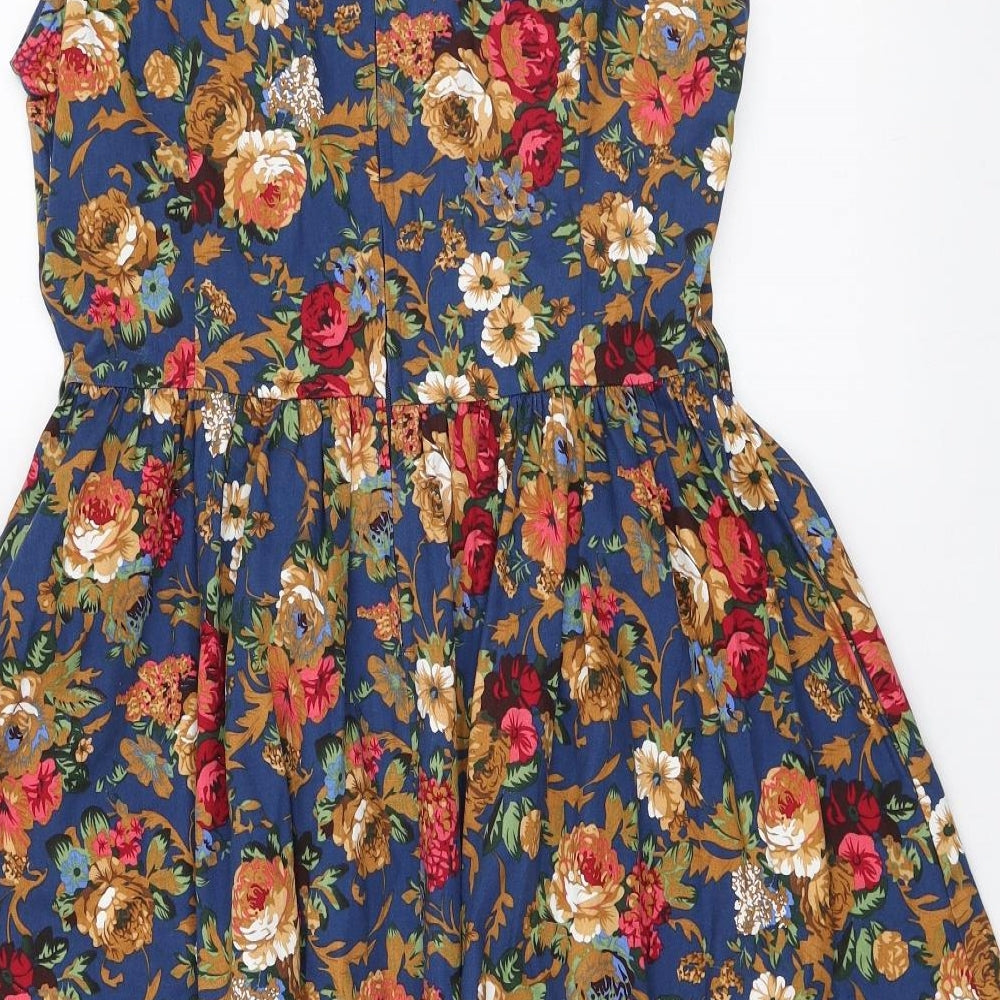 Lindy Bop Womens Multicoloured Floral Cotton Skater Dress Size 12 Boat Neck Zip