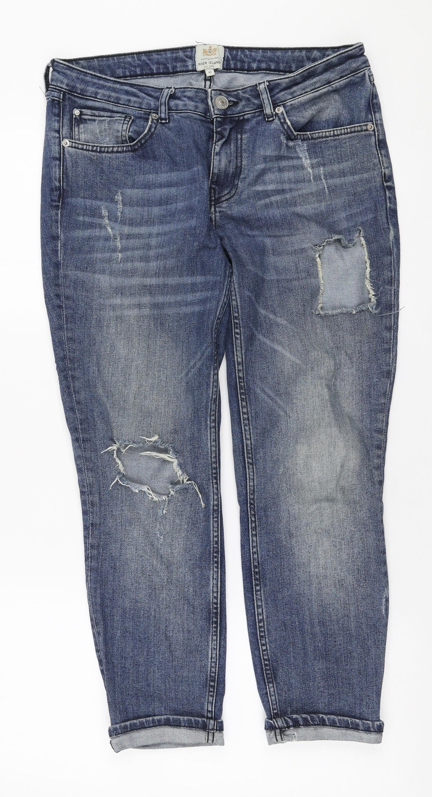 River Island Womens Blue Cotton Boyfriend Jeans Size 10 L25 in Regular Zip