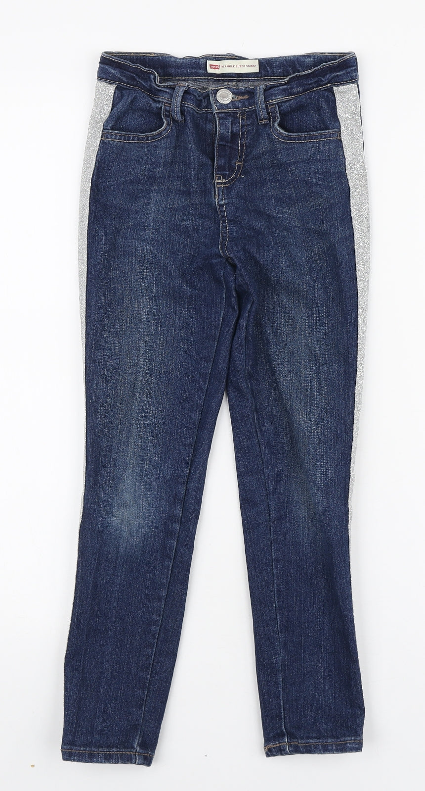 Signature by Levi Strauss & Co. Girls Blue Cotton Skinny Jeans Size 8-9 Years Regular Zip - Glitter Stripe