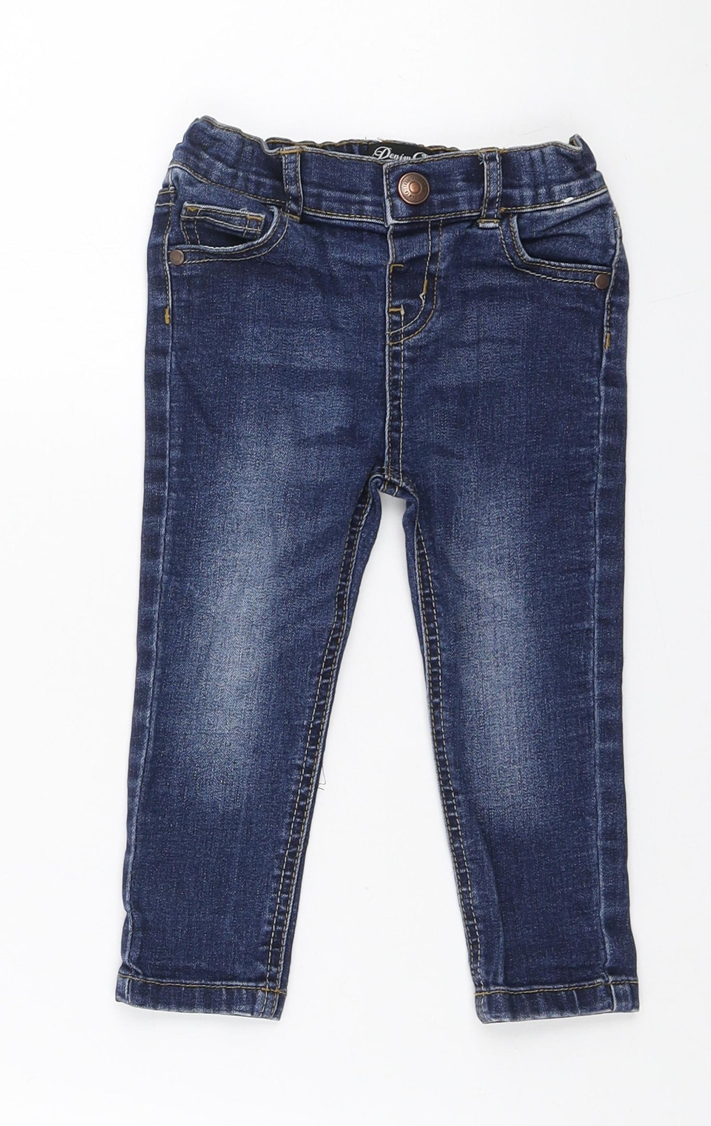 Denim & Co. Girls Blue Polyester Sweatpants Jeans Size 12-18 Months Button - Inside Leg 11 Inches