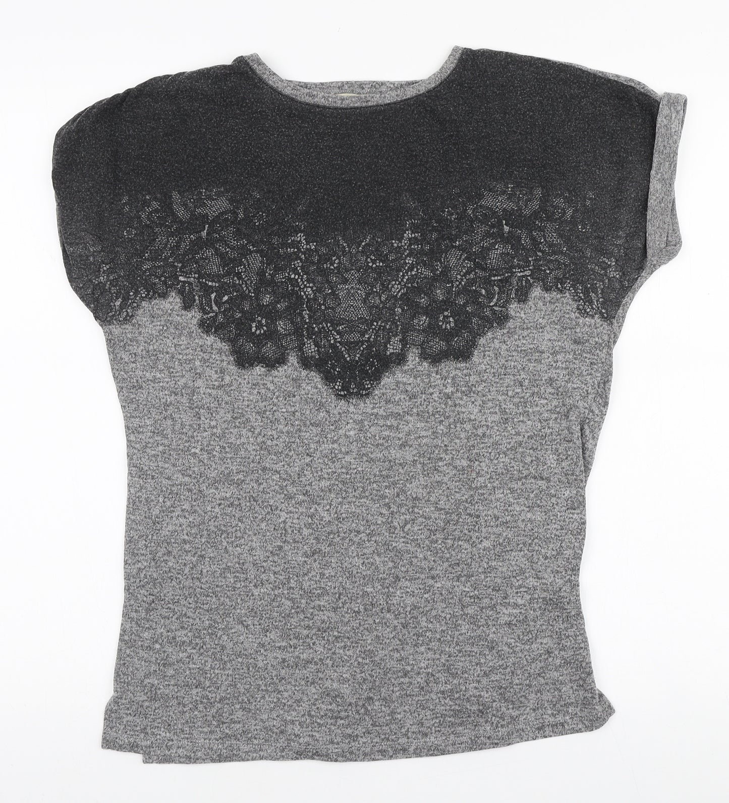 Papaya Womens Grey Polyester Basic T-Shirt Size 8 Round Neck - Lace illusion