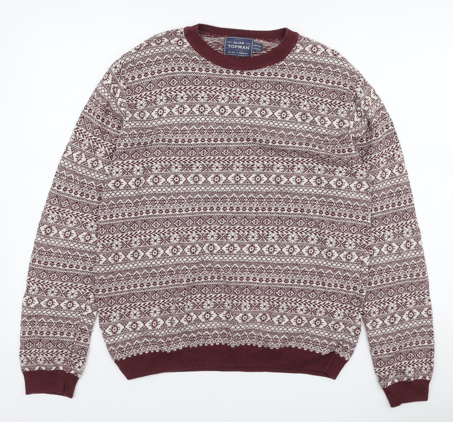 Topman Mens Red Round Neck Fair Isle Acrylic Pullover Jumper Size L