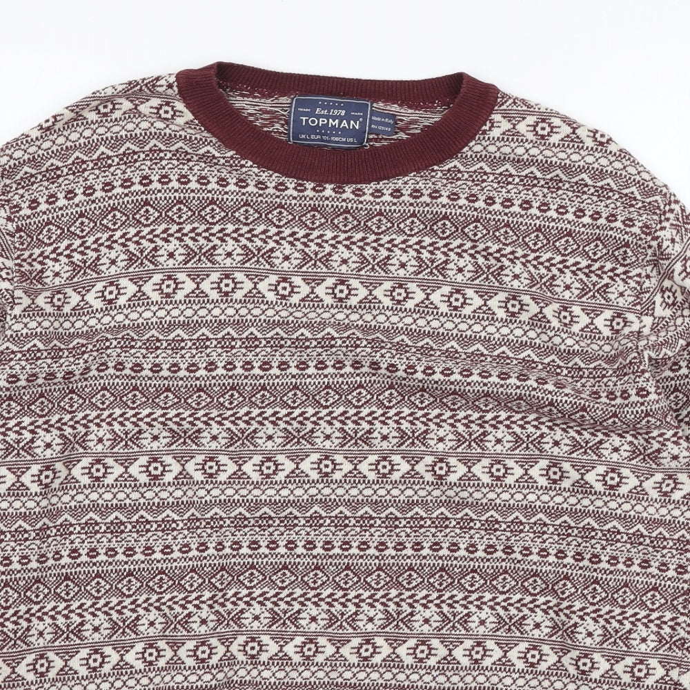 Topman Mens Red Round Neck Fair Isle Acrylic Pullover Jumper Size L