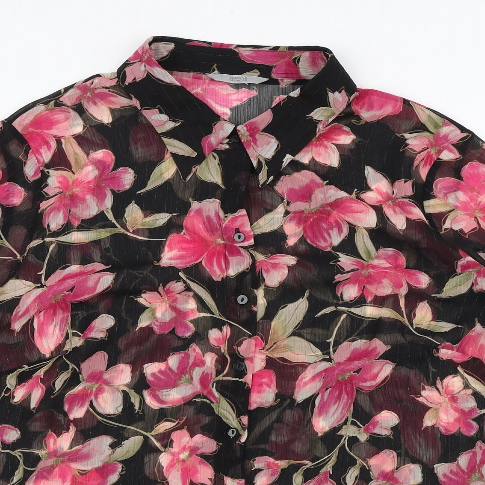 Marks and Spencer Womens Black Floral Polyester Basic Button-Up Size 20 Collared