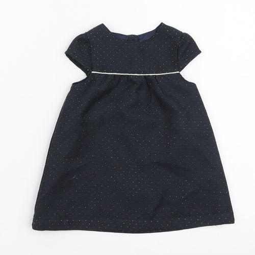 Young Dimension Girls Blue Polka Dot Polyester A-Line Size 9-12 Months Round Neck Button