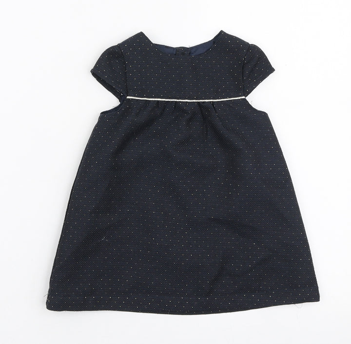 Young Dimension Girls Blue Polka Dot Polyester A-Line Size 9-12 Months Round Neck Button