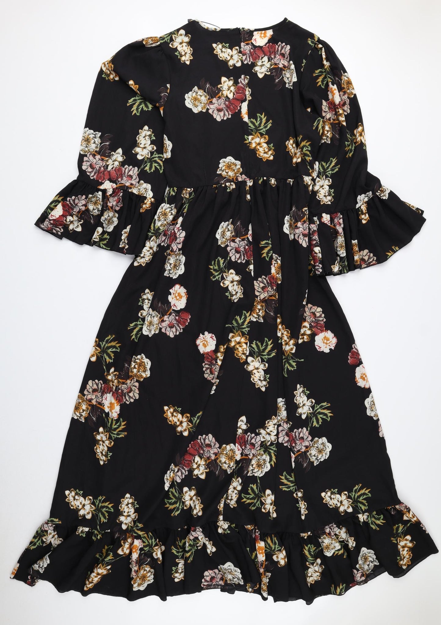 Boohoo Womens Black Floral Polyester A-Line Size 16 Round Neck Zip