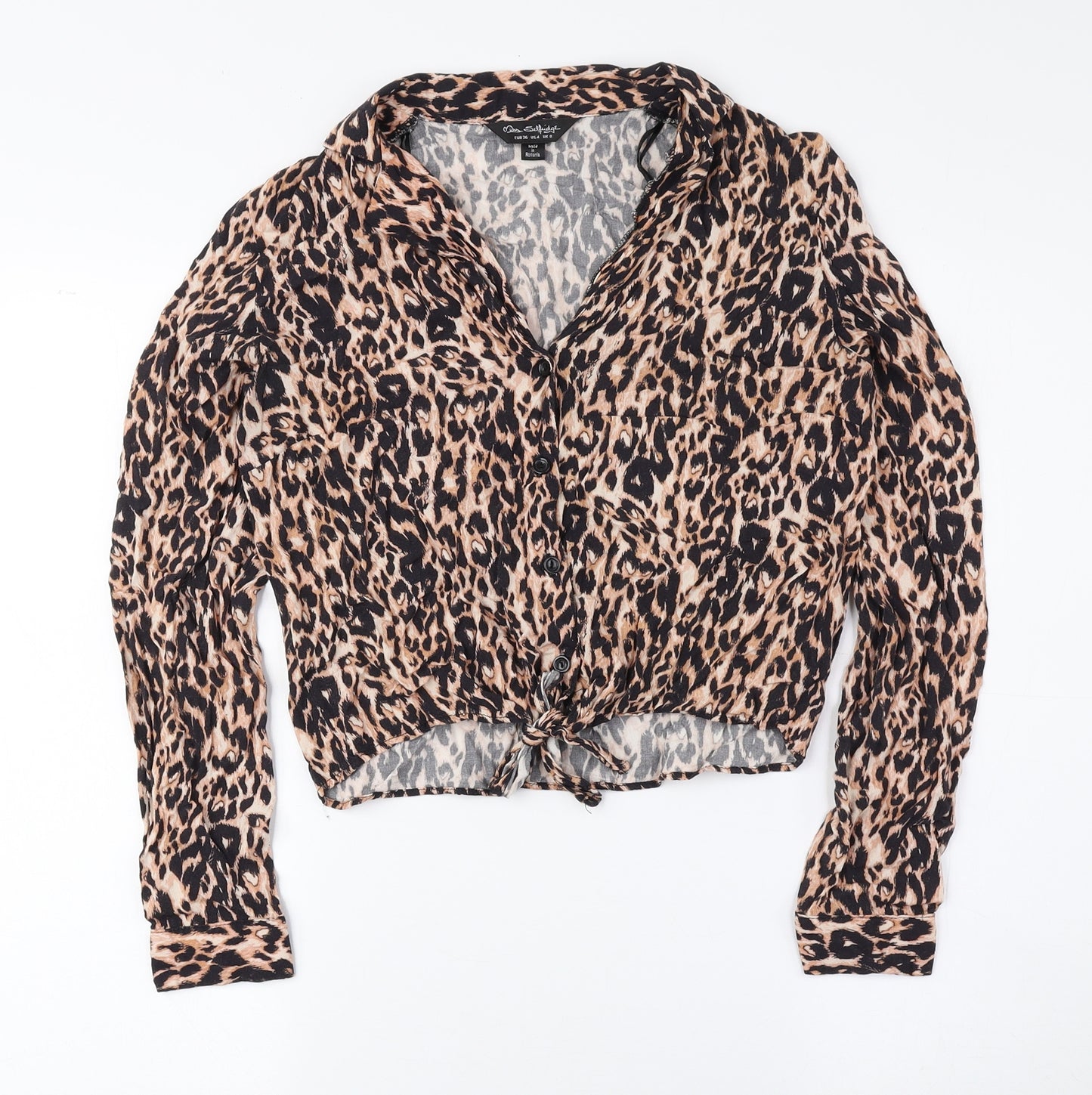 Miss Selfridge Womens Brown Animal Print Viscose Cropped Button-Up Size 8 Collared - Leopard Print