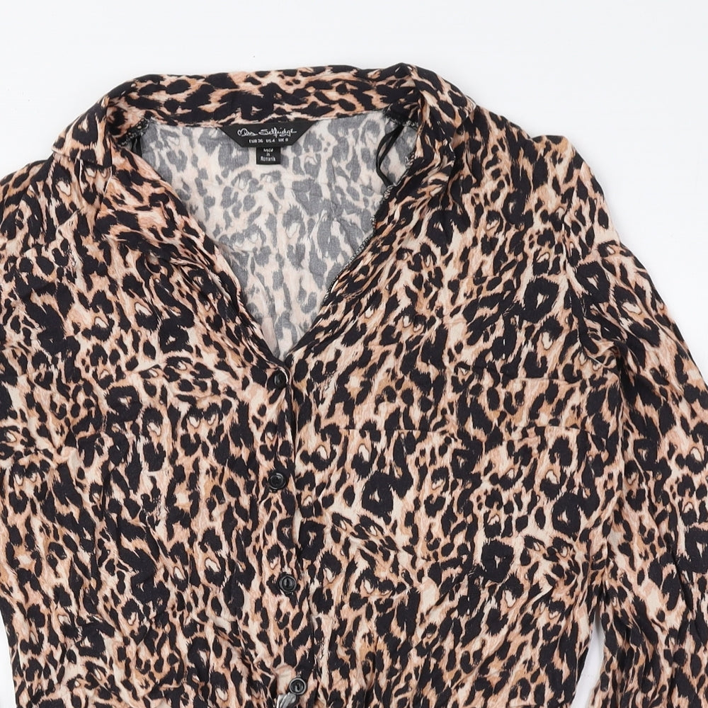 Miss Selfridge Womens Brown Animal Print Viscose Cropped Button-Up Size 8 Collared - Leopard Print