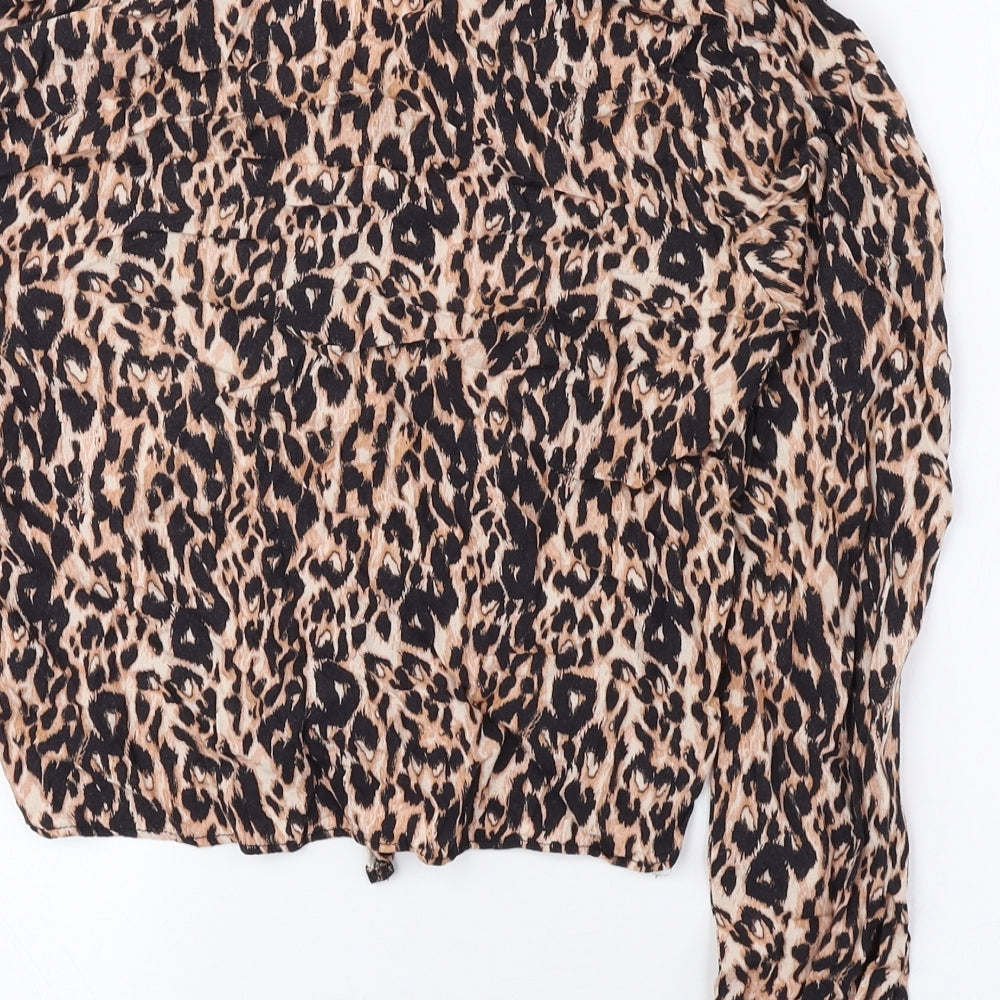 Miss Selfridge Womens Brown Animal Print Viscose Cropped Button-Up Size 8 Collared - Leopard Print