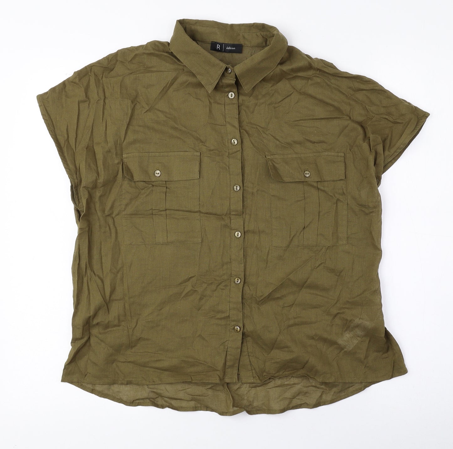 R Edition Womens Green 100% Cotton Basic Button-Up Size 14 Collared