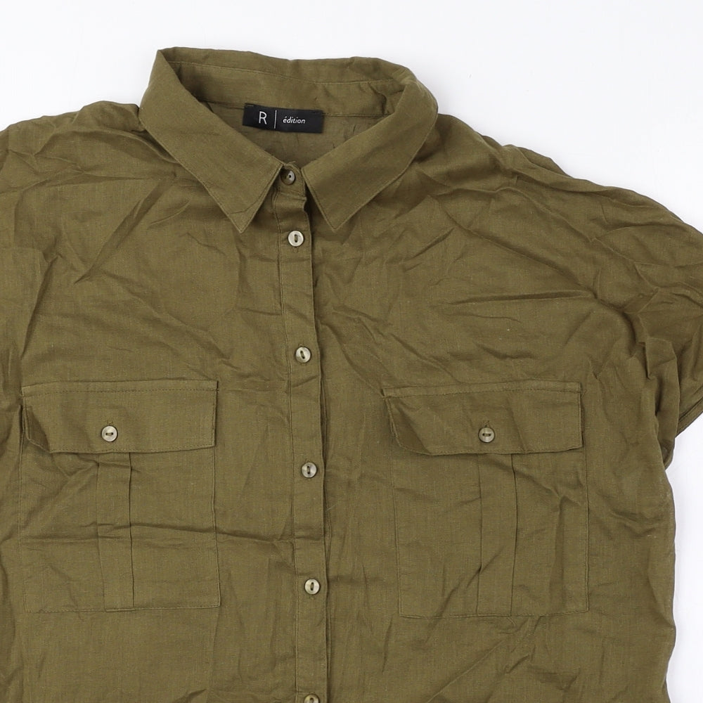 R Edition Womens Green 100% Cotton Basic Button-Up Size 14 Collared