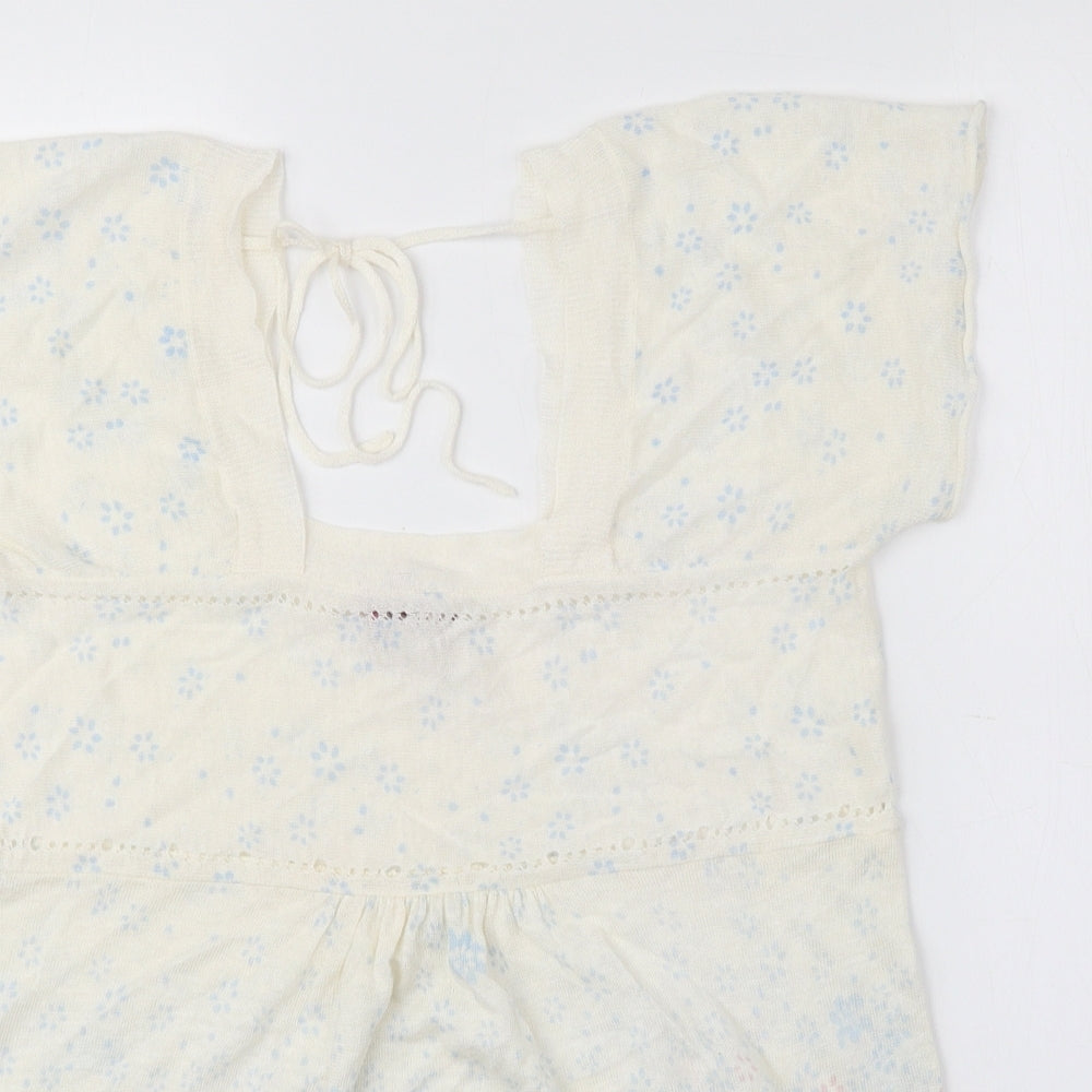 White Stuff Womens Ivory Floral Linen Basic Blouse Size 12 Square Neck