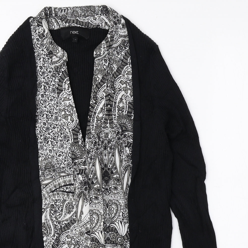 NEXT Womens Black V-Neck Geometric Cotton Pullover Jumper Size 18 - Ribbed