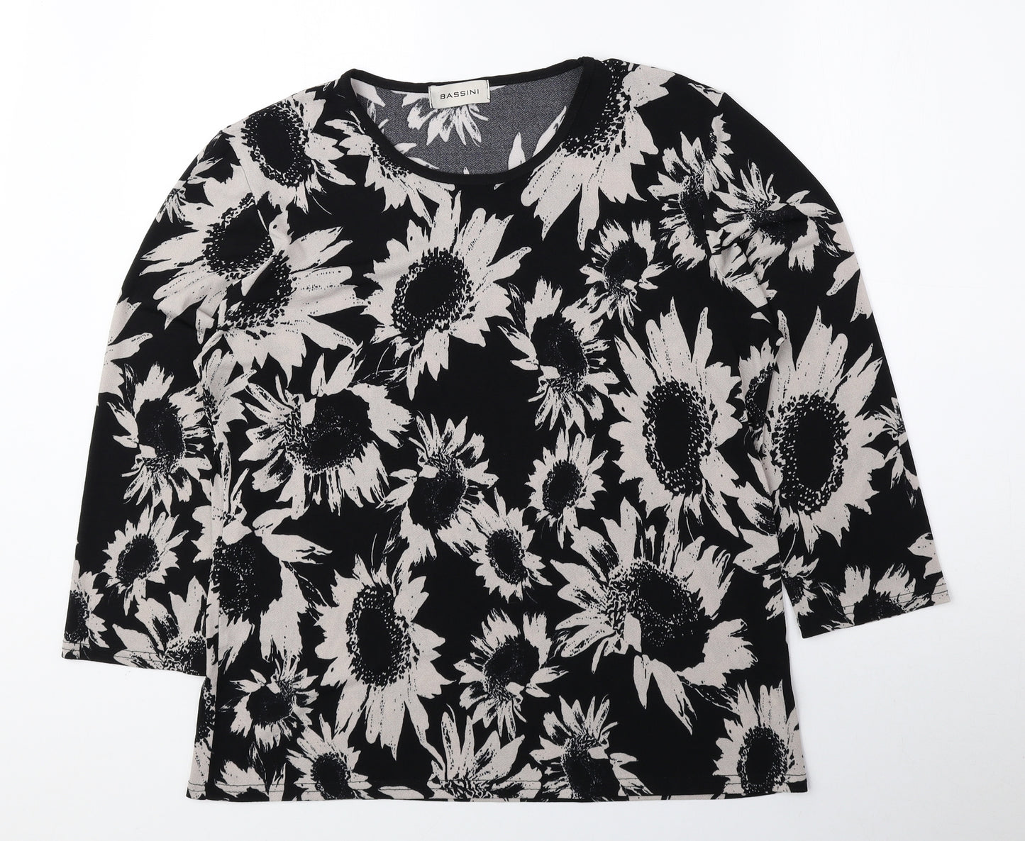 BASSINI Womens Black Floral Polyester Basic Blouse Size 16 Round Neck