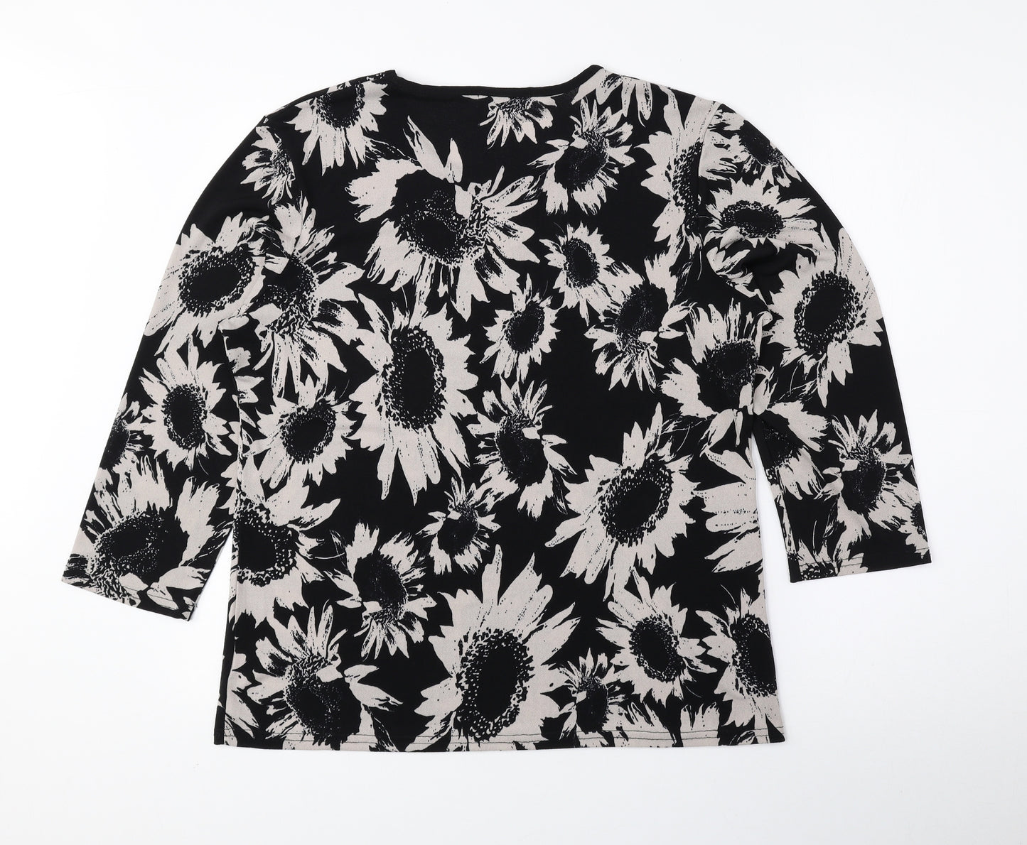 BASSINI Womens Black Floral Polyester Basic Blouse Size 16 Round Neck