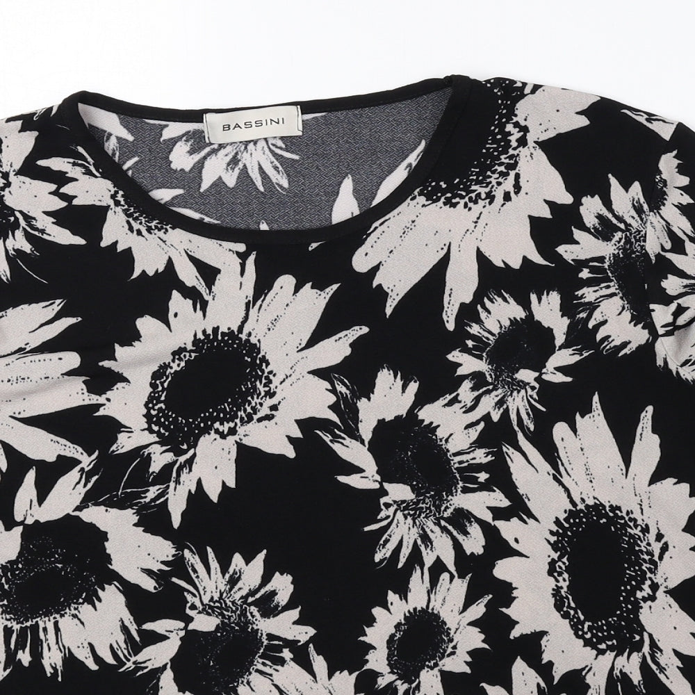 BASSINI Womens Black Floral Polyester Basic Blouse Size 16 Round Neck
