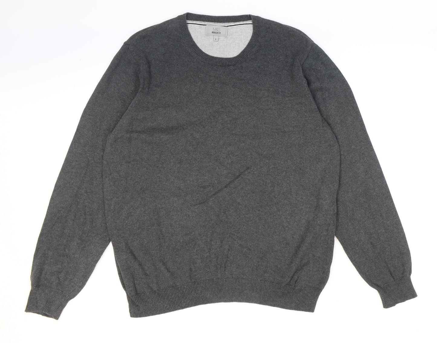 Marks and Spencer Mens Grey Round Neck Cotton Pullover Jumper Size L