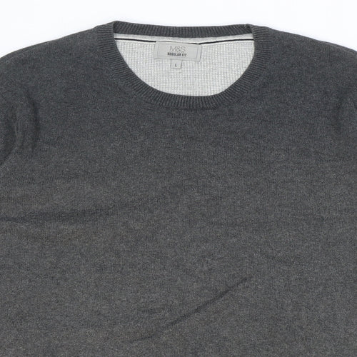 Marks and Spencer Mens Grey Round Neck Cotton Pullover Jumper Size L
