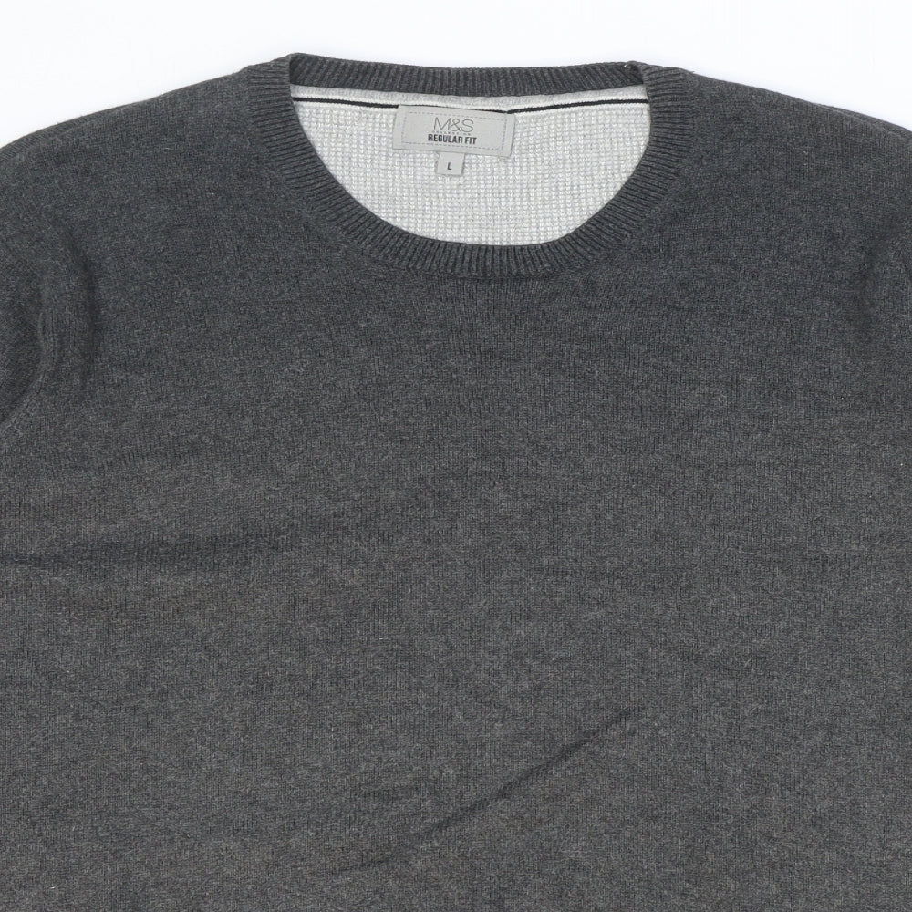 Marks and Spencer Mens Grey Round Neck Cotton Pullover Jumper Size L