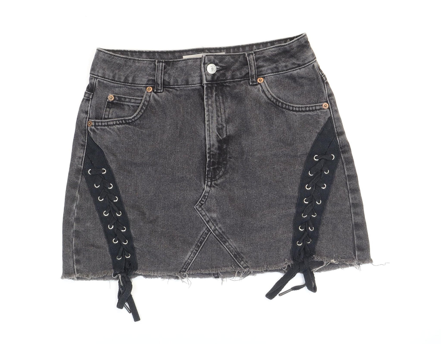 Topshop Womens Grey Cotton Mini Skirt Size 10 Zip - Lace-up Detail