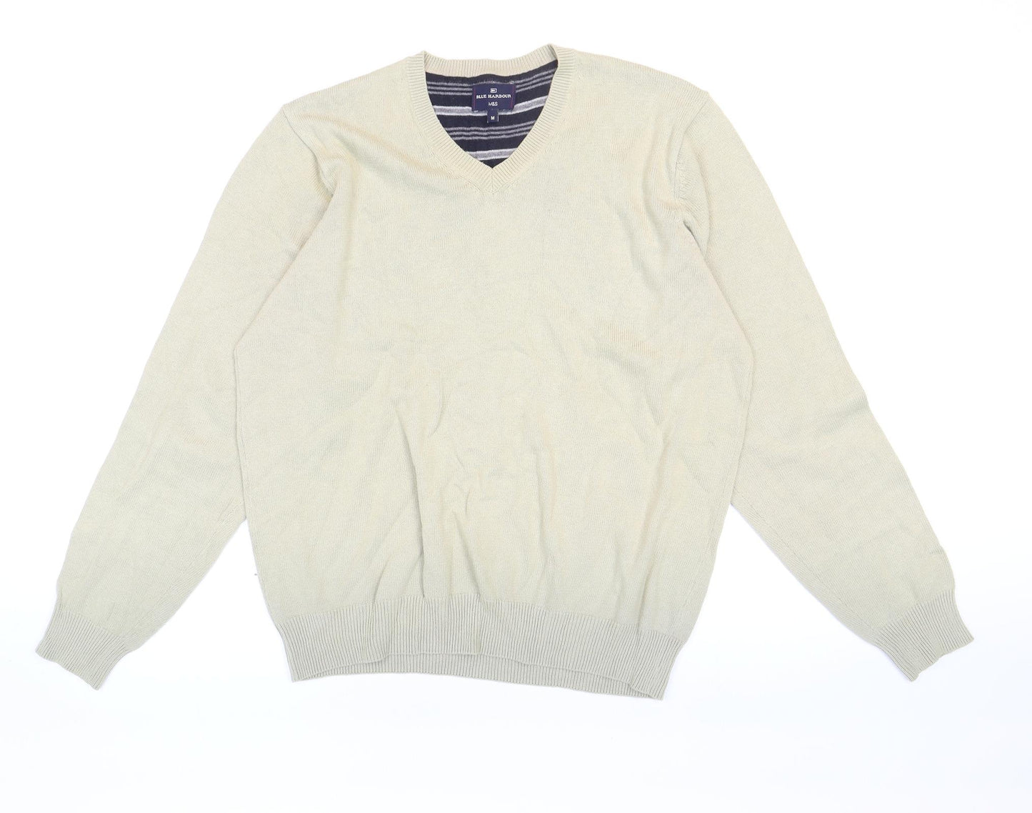 Blue Harbour Mens Beige V-Neck Cotton Pullover Jumper Size M