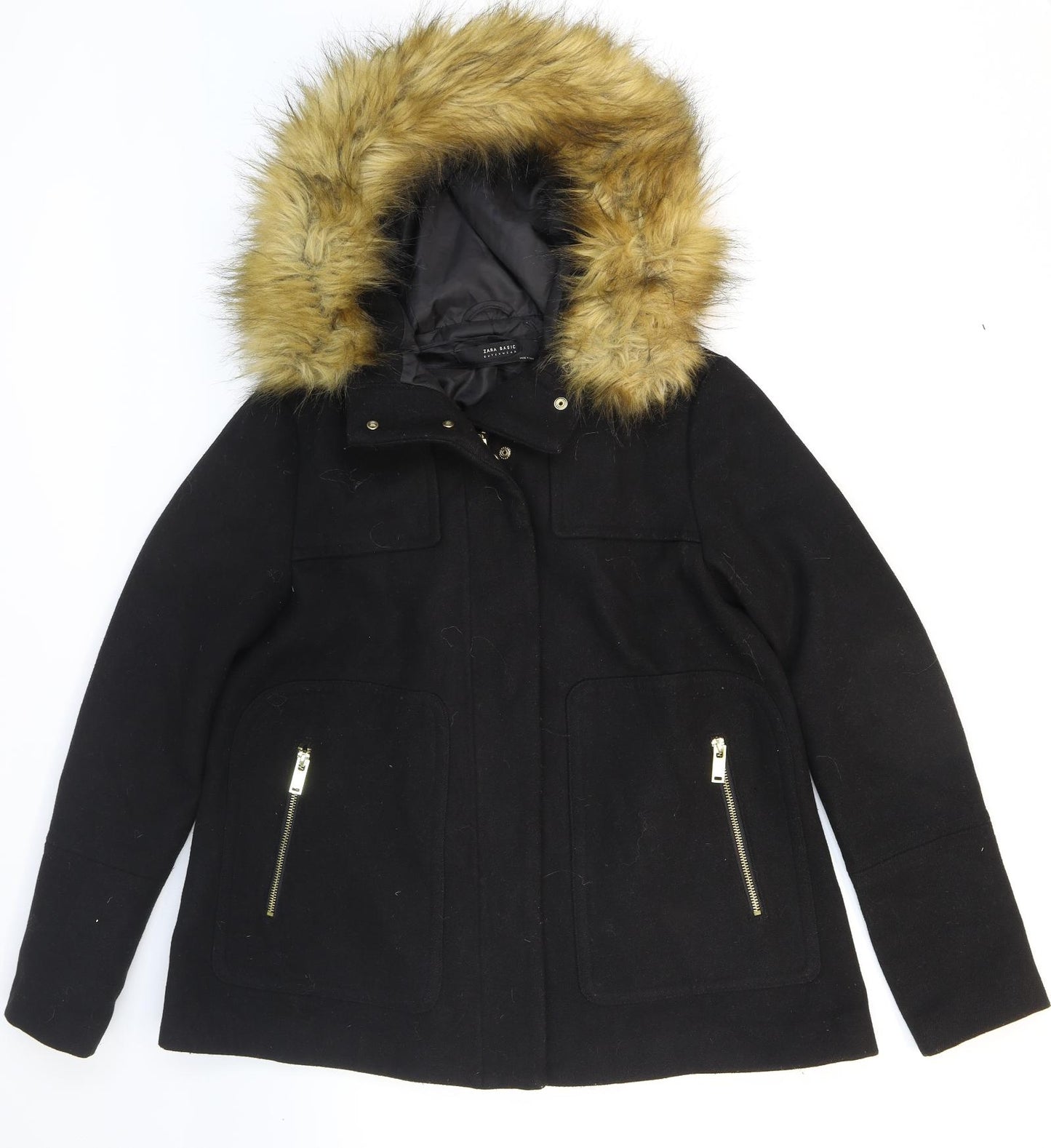 Zara Womens Black Pea Coat Coat Size S Zip