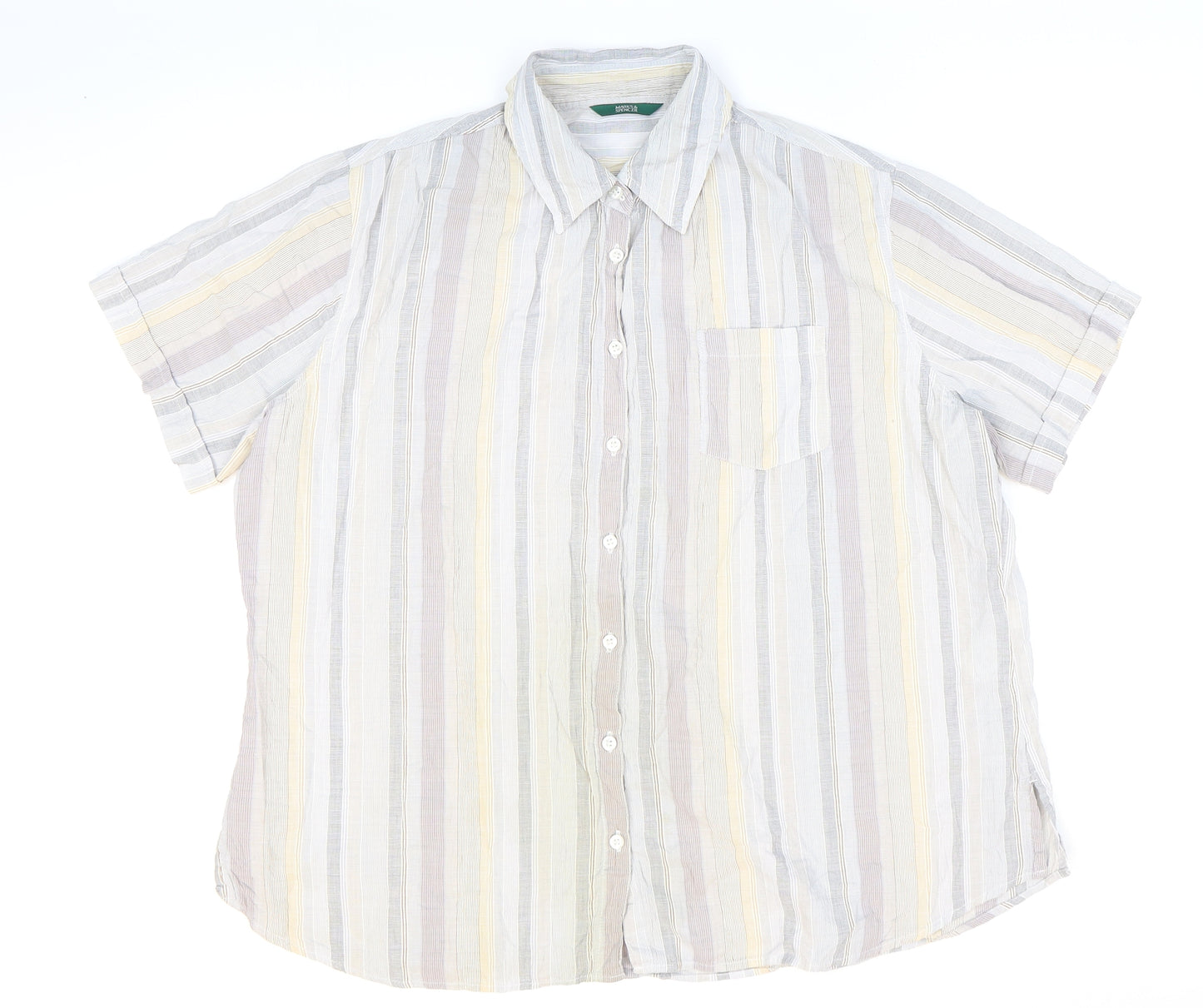 Marks and Spencer Womens Multicoloured Striped Cotton Basic Button-Up Size 14 Collared