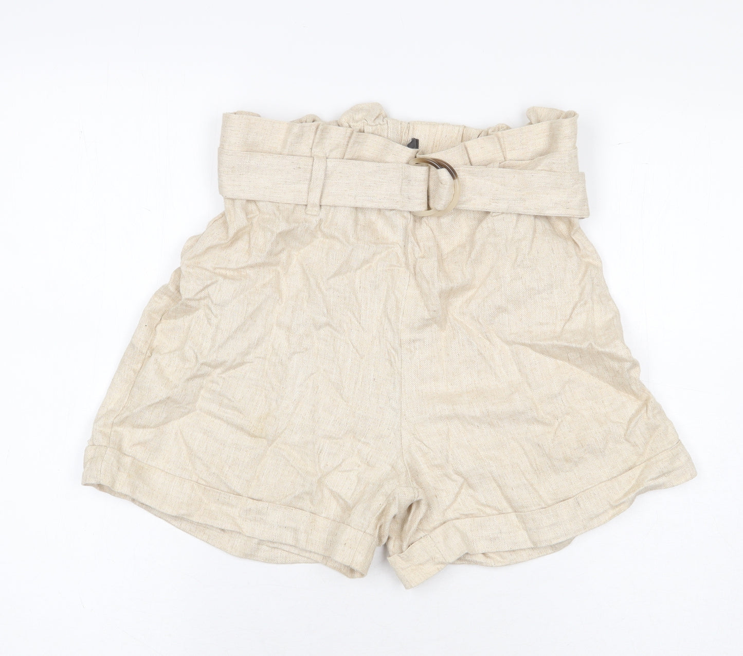 Primark Womens Beige Viscose Paperbag Shorts Size 12 L4 in Regular Buckle